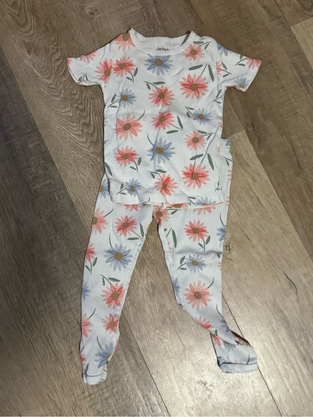 Girls Floral Short Sleeve Pajama Set - Coral & Blue Flowers Size 3T